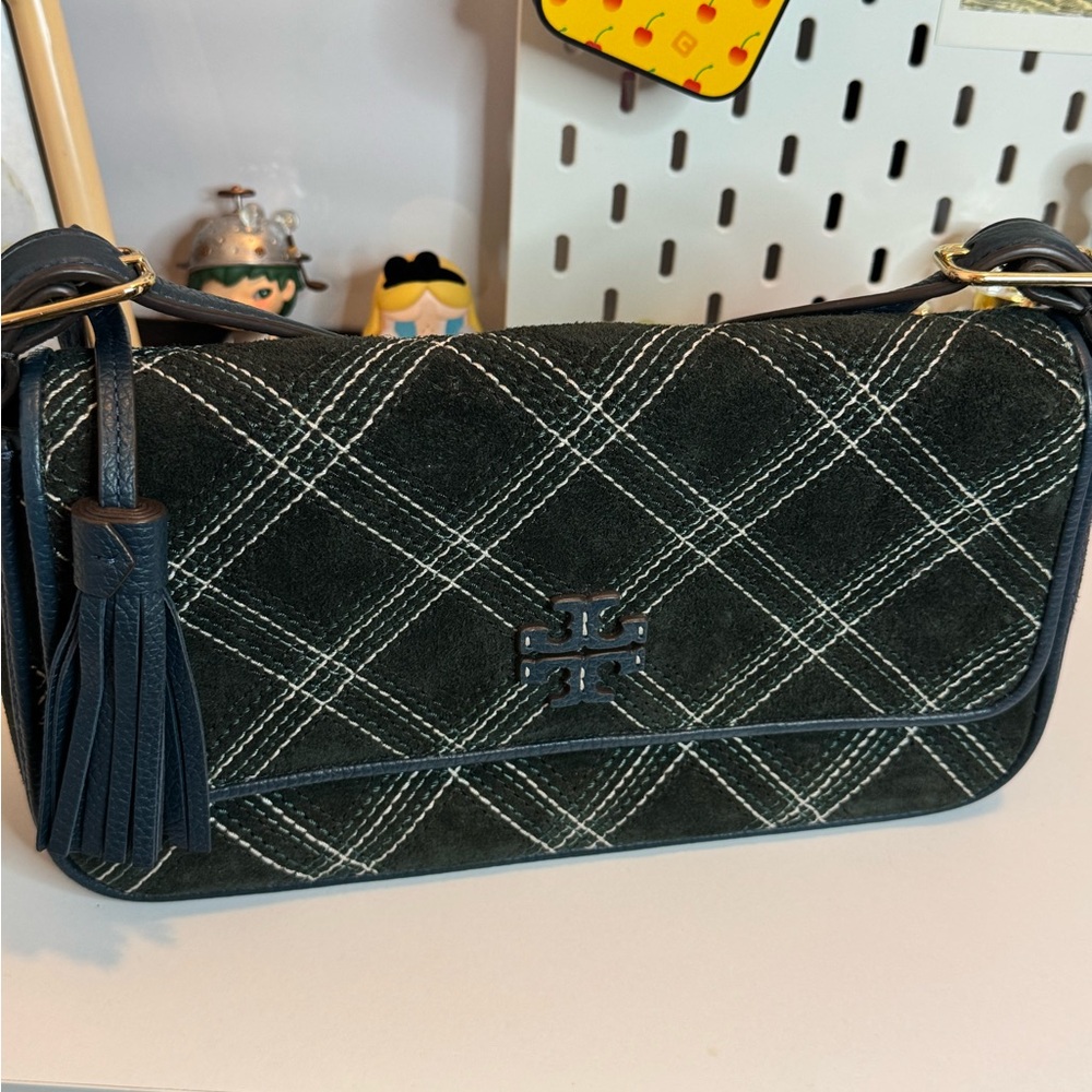 Rare Tory Burch Thea Suede Flap Shoulder Bag - Midnight Oil